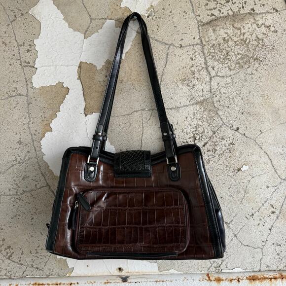 M.C. Croc Embossed Shoulder Bag Woven Flap Heart Charm Black Brown Satchel Purse - Picture 5 of 14